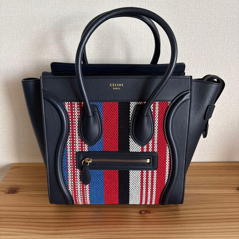 Celine Luggage Micro Shopper Handbag Navy Red Multi-color Striped Leather