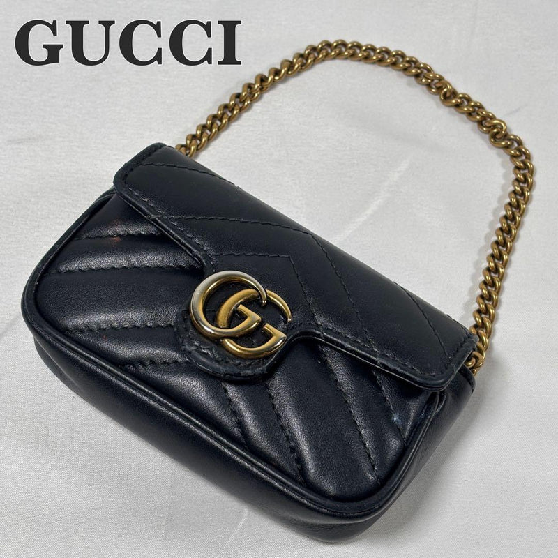 Gucci Gg Marmont Mini Bag Crossbody Shoulder Handbag Leather Black Gold