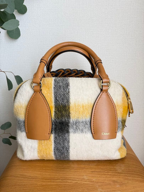 Chloe Daria Boston Bag Wool Leather Tartan Check Multi-color Handbag