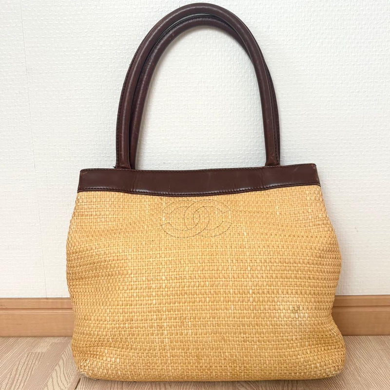 Chanel Straw Handbag Tote Shoulder Bag Brown Beige