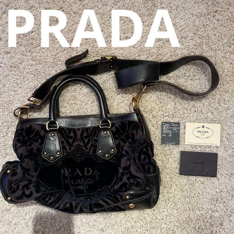 Prada BN1252 Tote Bag Velour Leather Black Gold Hardware