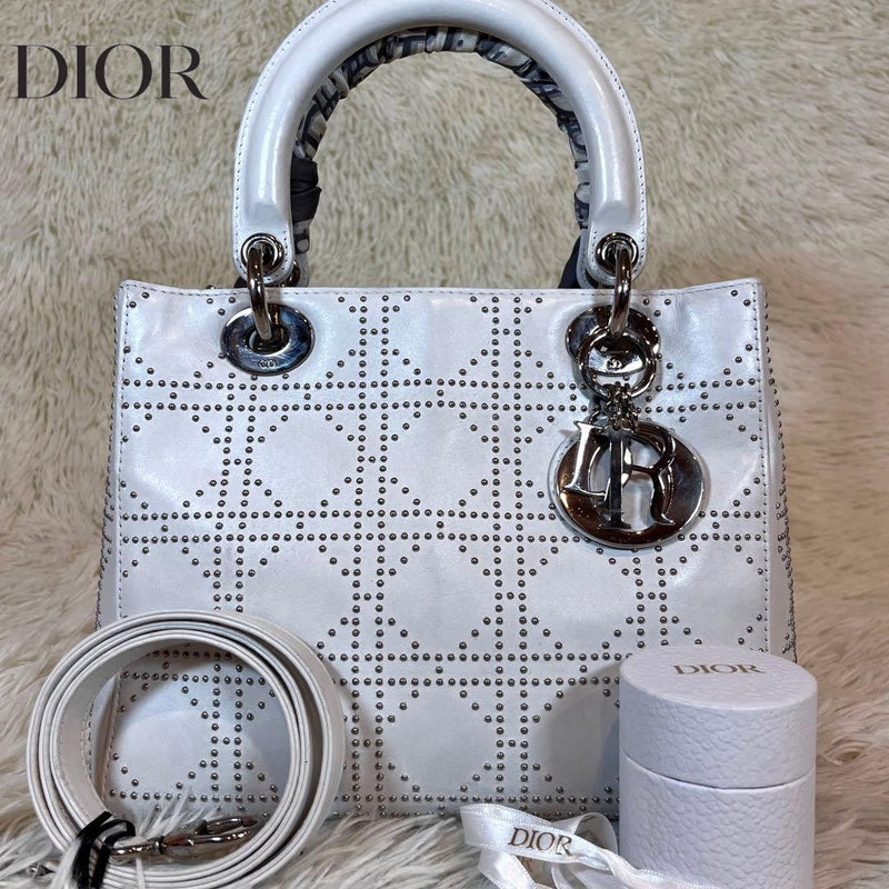 Lady Dior Studded 2 Way Shoulder Bag Leather White