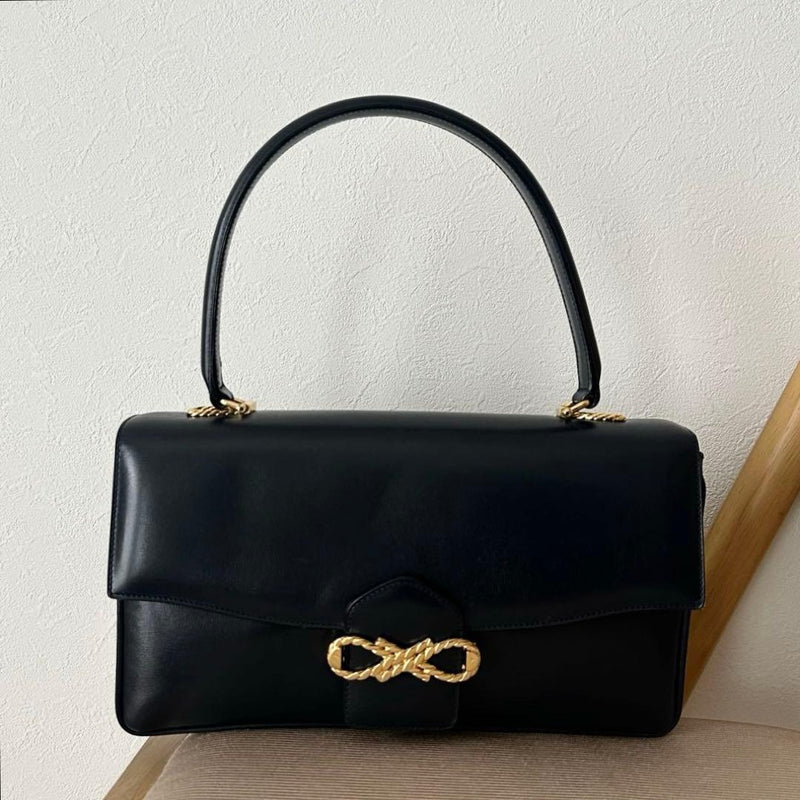Celine Vintage Ribbon Shoulder Bag Handbag Leather Black Gold Hardware