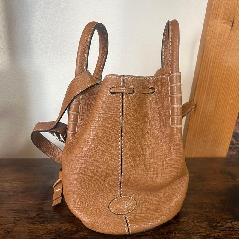 Tods Drawstring Bucket Bag Shoulder Bag Leather Brown