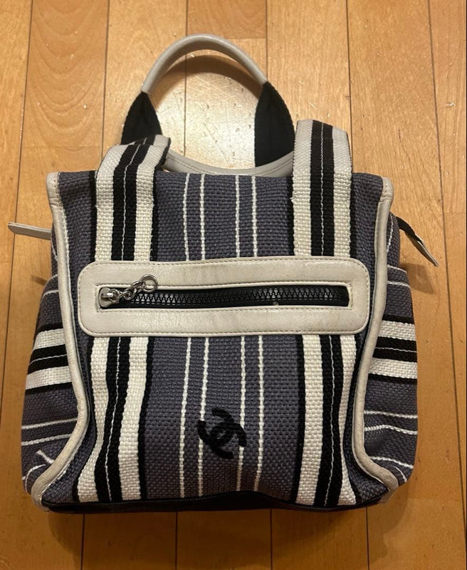 Chanel Stripe Handbag Tote Canvas Gray White Black Shoulder Bag