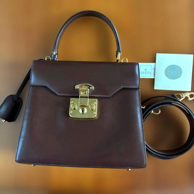 Gucci Lady Lock Handbag Leather Brown Shoulder Bag Key Metal Lock