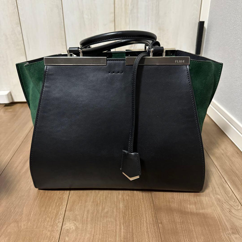 Fendi Trois Jours 8BH279 Tote Bag Leather Black Green Suede Silver Hardware