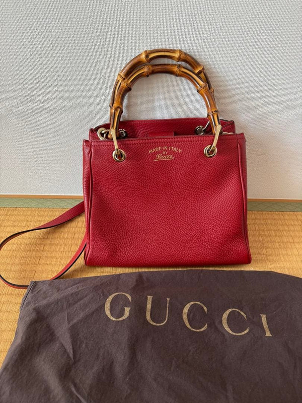 Gucci Bamboo Handle Handbag Red Leather