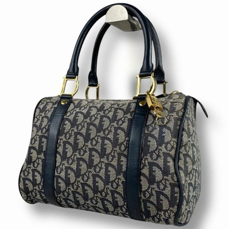 Christian Dior Trotter Mini Boston Handbag Canvas Leather Navy Padlock Key