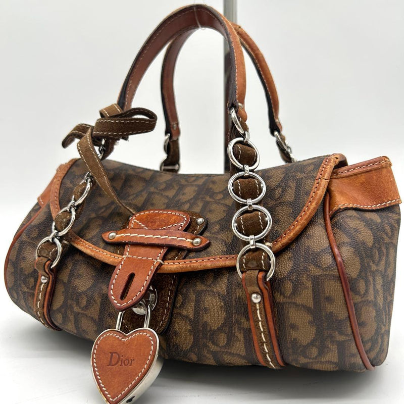 Christian Dior Romantic Trotter Handbag Pvc Leather Suede Brown Silver Hardware