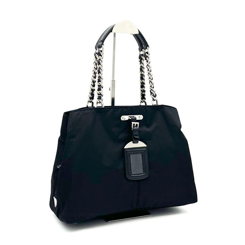 Prada Triangle Logo Chain Tote Bag Tessuto Nylon Saffiano Leather Black Silver