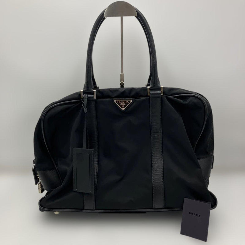 Prada Nylon Logo Plate Handbag Tote Shoulder Bag Black
