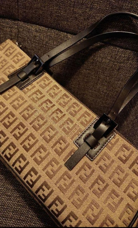 Fendi Zucchino Handbag Canvas Leather Black Chrome Silver Hardware