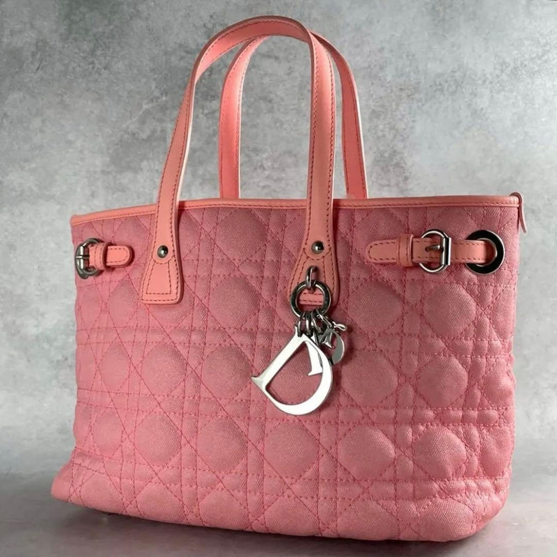 Christian Dior Cannage Handbag Coated Canvas Leather Pink Silver Hardware