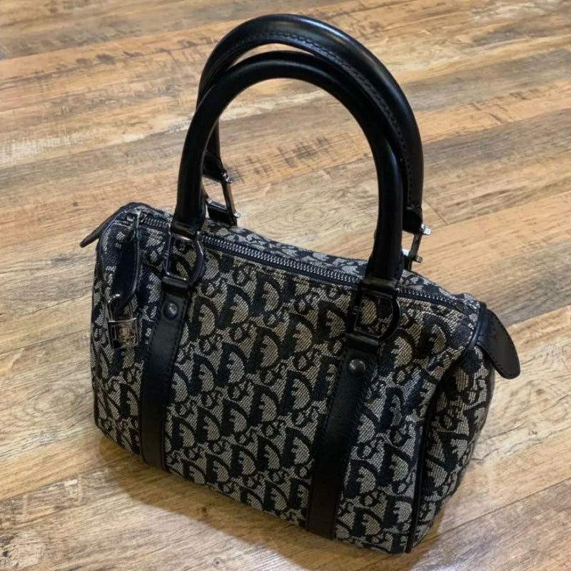 Christian Dior Trotter Mini Boston Handbag Canvas Leather Grey Black