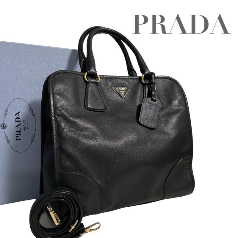 Prada Saffiano Triangle Logo Handbag Shoulder Bag 2way Black Leather