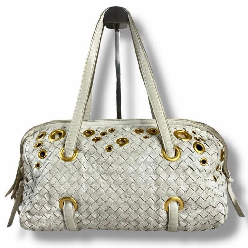 Bottega Veneta Intrecciato 141597 Handbag Punching Leather White Ivory