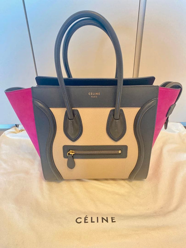 Celine Luggage Micro Handbag Calfskin Bicolor Magenta Black Tote Bag
