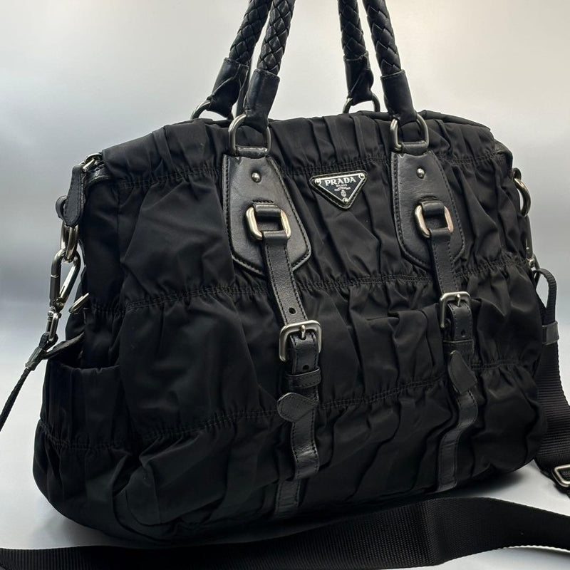 Prada Gathered Nylon 2WAY Handbag Shoulder Bag Black Silver Hardware