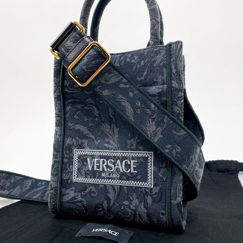 Versace Barocco Athena Mini Tote Shoulder Bag Black Canvas Leather