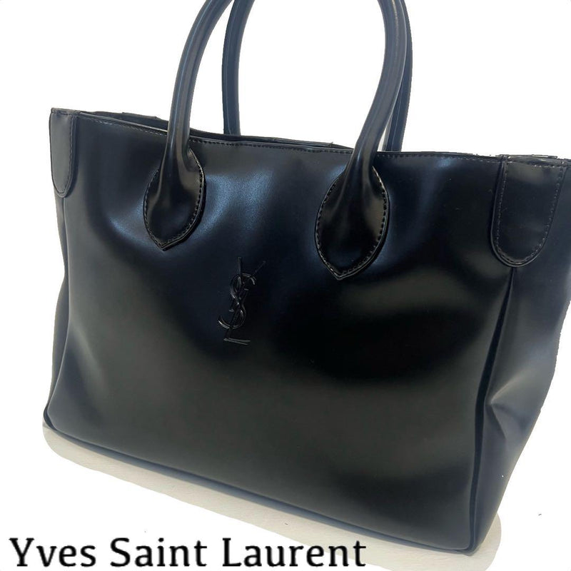 Ysl Logo Tote Handbag Black Leather