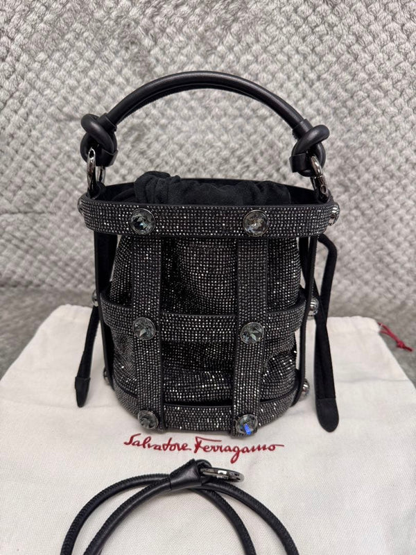 Salvatore Ferragamo Cage Bag Rhinestone Suede Leather Black Handbag Clutch