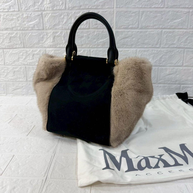Maxmara Handbag Fur Suede Black Beige Lamb Leather
