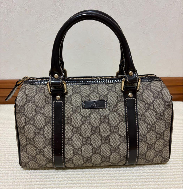 Gucci Handbag Beige Brown Canvas Leather Logo Pattern Double Handle Gold Zipper