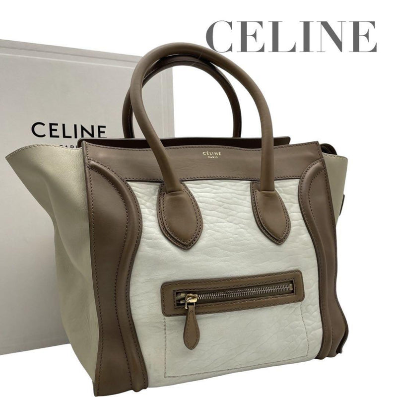 Celine Luggage Mini Shopper Handbag Tote White Brown Light Beige Leather