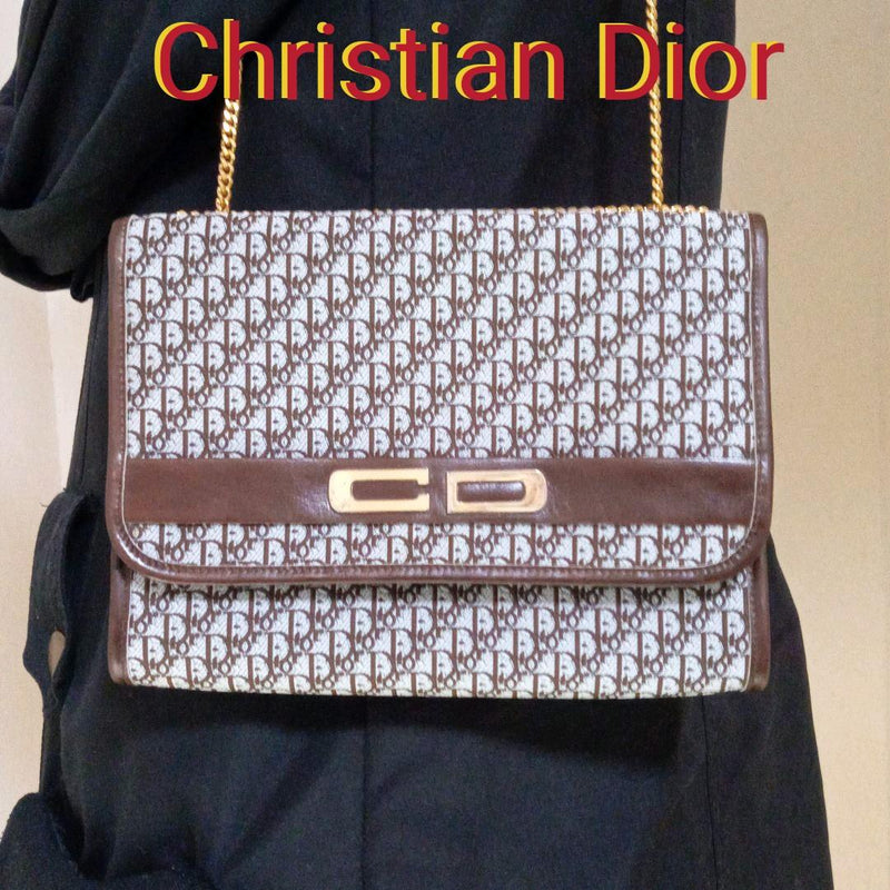Christian Dior Chain Bag Trotter Pattern Canvas Leather Gray Brown Shoulder Bag