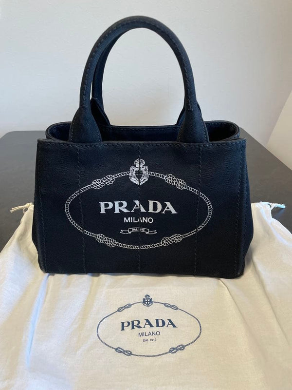 Prada Canapa Tote Bag Canvas Black Shoulder Handbag