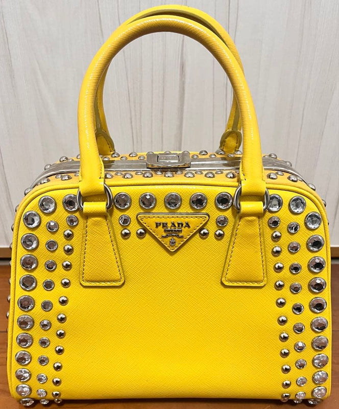 Prada Studded Handbag Leather Yellow