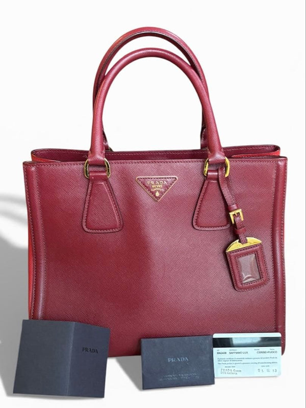Prada Saffiano BN2438 Handbag Tote Bicolor Bordeaux Red Leather