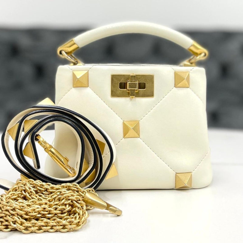 Valentino Roman Studs 2-Way Handbag Nappa Leather Ivory Gold Hardware