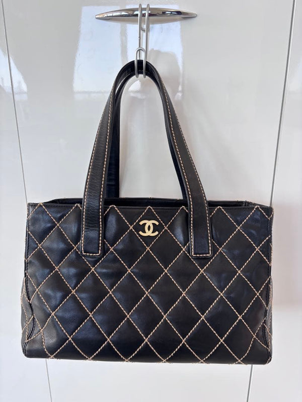 Chanel Wild Stitch Tote Bag Black Leather Beige Stitching Coco Mark