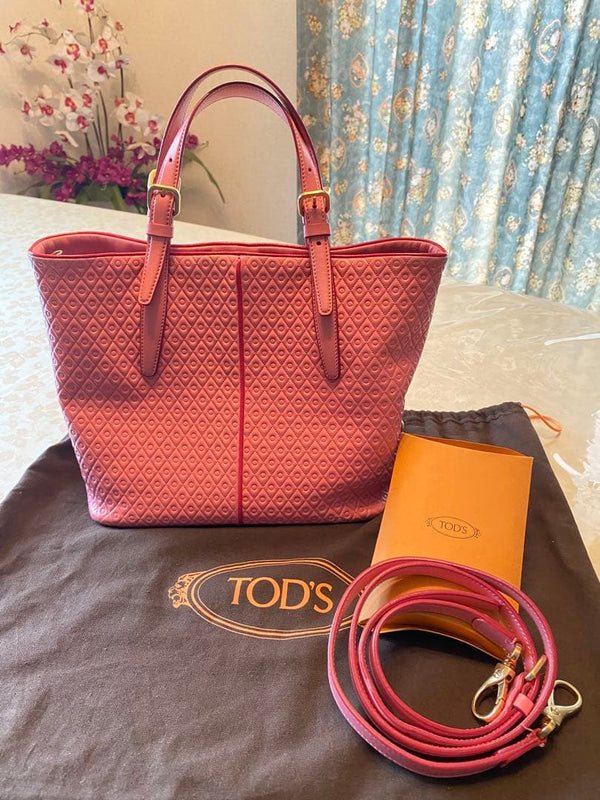 Tods Tote Shoulder Bag Pink Leather Embossed Gold Hardware