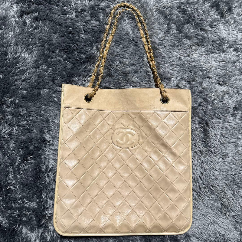 Chanel Matelasse Tote Bag Lambskin Beige Coco Mark Gold Chain Handle