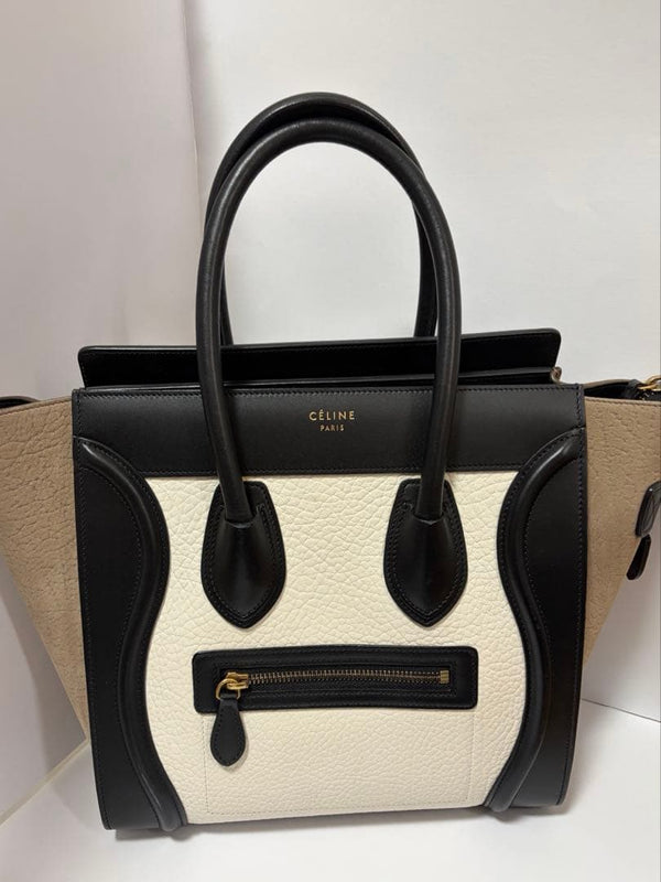 Celine Luggage Micro Handbag Tricolor White Black Leather