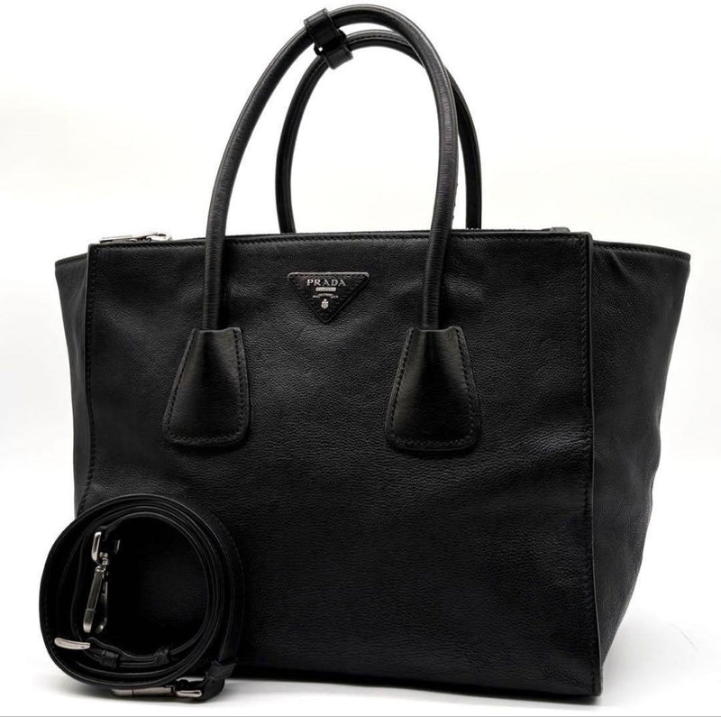 Prada BN2619 2-Way Handbag Shoulder Bag Calf Leather Black Silver Hardware