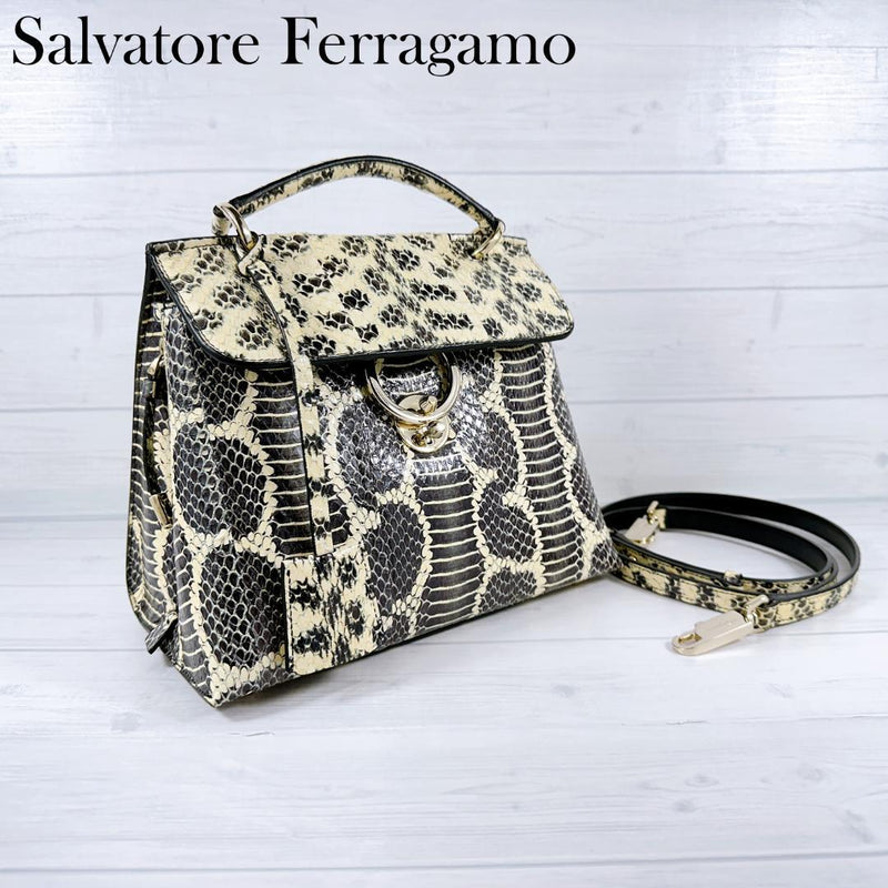 Salvatore Ferragamo Gancini Handbag Shoulder Bag Python Leather Beige Gold