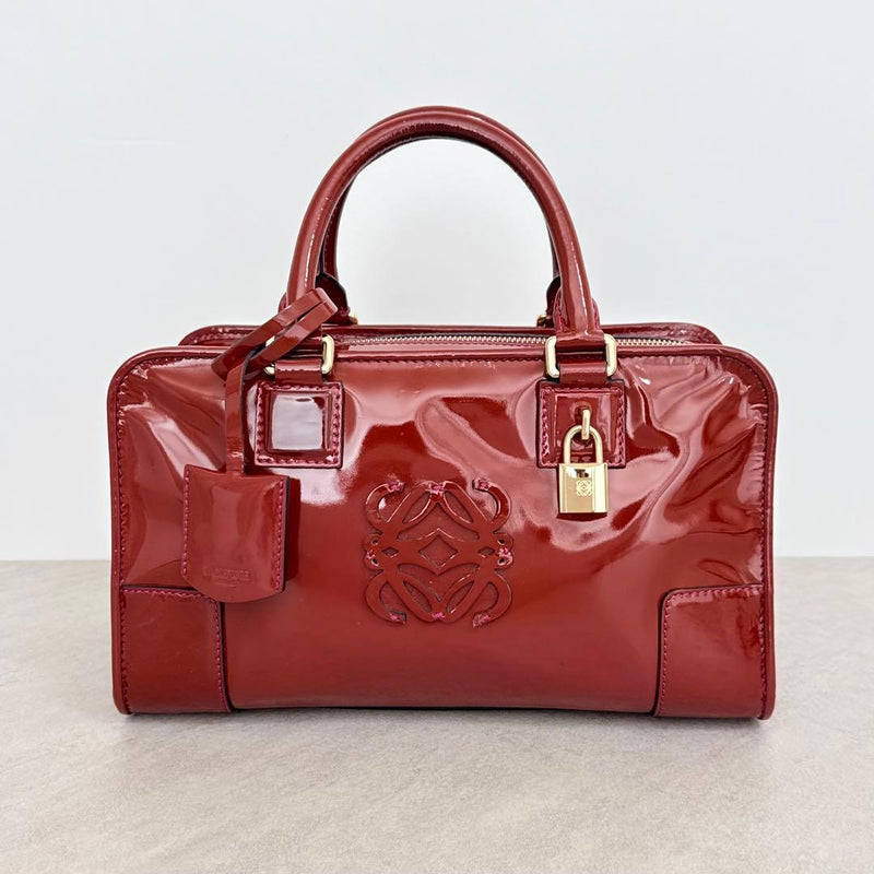 Loewe Amazona 28 Anagram Handbag Enamel Patent Leather Red Gold Hardware