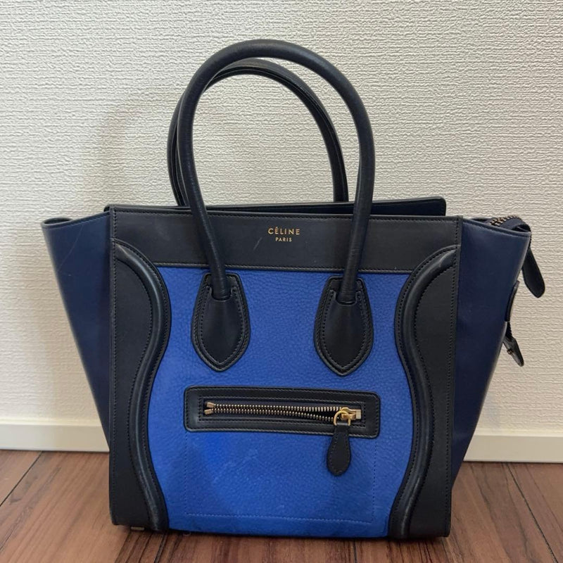 Celine Luggage Micro Shopper Handbag Calf Nubuck Blue Black