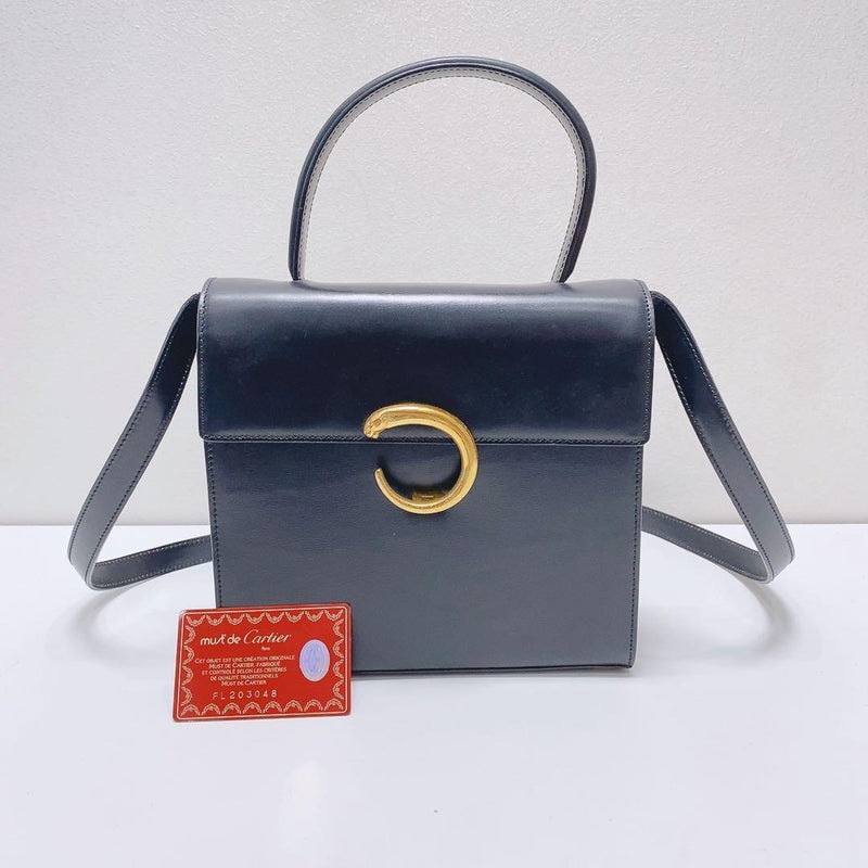 Cartier Handbag Gray Leather Gold Hardware