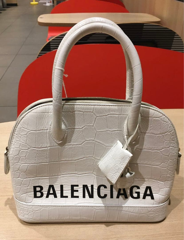 Balenciaga Vill Handbag Crocodile Embossed Leather White Padlock Key Case