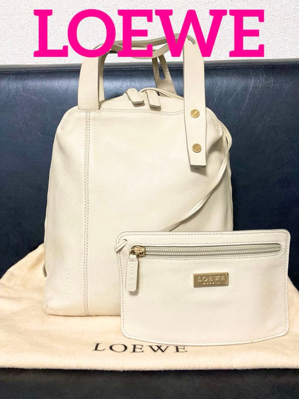 Loewe Tote Hand Bag Leather Ivory With Pouch
