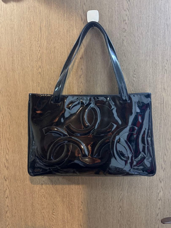 Chanel Triple Coco Shoulder Bag Enamel Leather Black