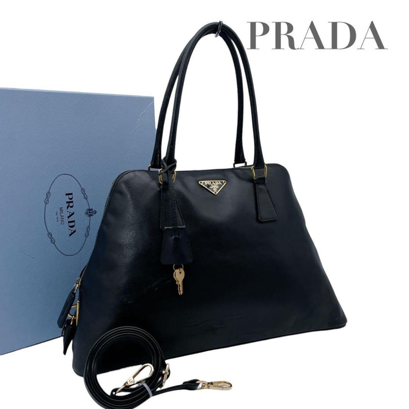 Prada Saffiano Promenade Triangle Logo 2-way Handbag Shoulder Bag Black Leather