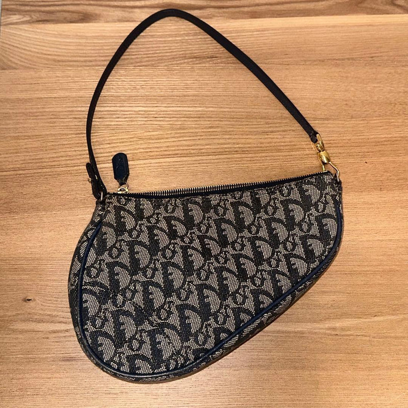 Christian Dior Saddle Pouch Bag Trotter Monogram Navy Canvas Leather Gold