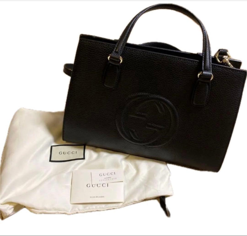 Gucci Handbag Ostrich Embossed Leather Black