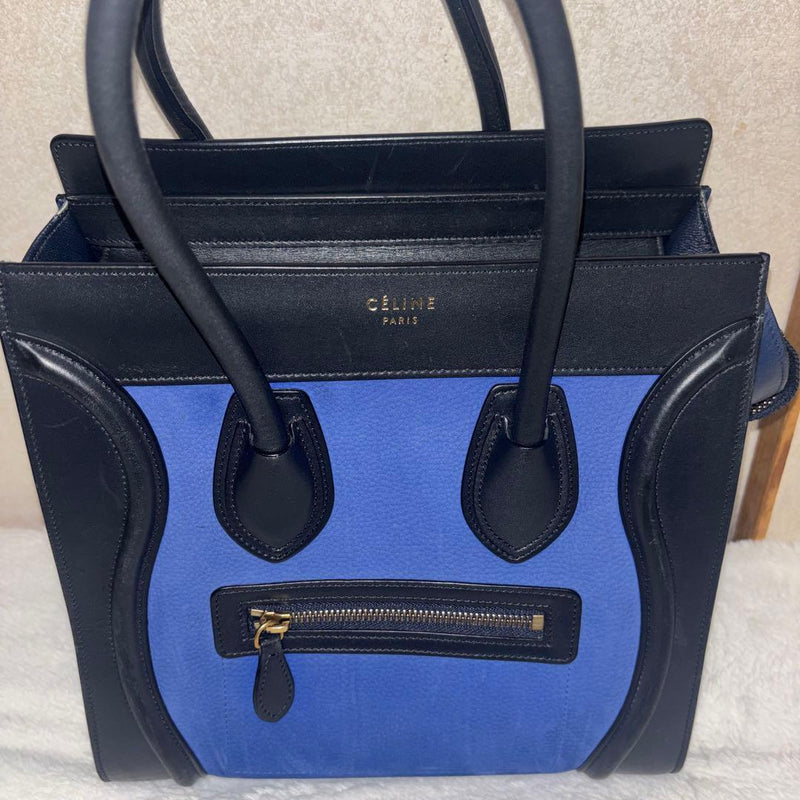 Celine Luggage Micro Shopper Tote Handbag Leather Black Blue Bicolor